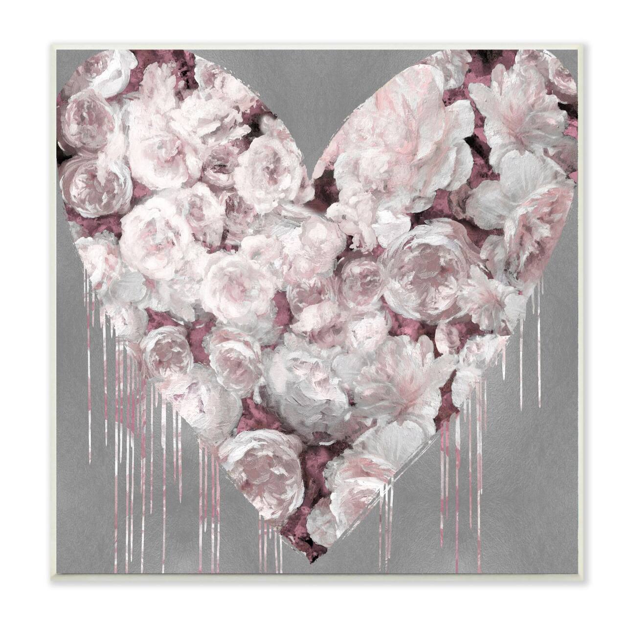 Stupell Industries Pink Rose Heart over Grey with Paint Drip Wood Wall Plaque